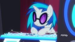 Size: 1920x1080 | Tagged: safe, screencap, dj pon-3, vinyl scratch, pony, unicorn, a horse shoe-in, discovery family logo, female, mare, solo, turntable