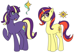 Size: 2430x1729 | Tagged: safe, artist:pharaohkieru, oc, oc only, oc:aurora sparkle, oc:borealis shimmer, pony, unicorn, female, magical lesbian spawn, male, mare, offspring, parent:sunset shimmer, parent:twilight sparkle, parents:sunsetsparkle, simple background, stallion, white background