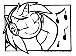 Size: 921x680 | Tagged: safe, artist:shema-the-lioness, artist:shemalioness, dj pon-3, vinyl scratch, pony, unicorn, black and white, color me, eyes closed, female, grayscale, headphones, lineart, mare, missing accessory, monochrome, music notes, smiling, solo