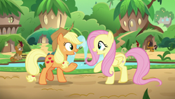 Size: 1280x720 | Tagged: safe, screencap, applejack, fern flare, fluttershy, forest fall, pumpkin smoke, earth pony, kirin, pegasus, pony, sounds of silence, background kirin, bucket, duo focus, female, fountain, kirin village, male, mare, raised hoof