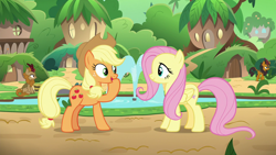 Size: 1280x720 | Tagged: safe, screencap, applejack, fluttershy, earth pony, pegasus, pony, sounds of silence, duo focus, female, kirin village, mare