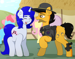 Size: 866x677 | Tagged: safe, artist:mackstack, cup cake, fluttershy, oc, oc only, oc:darren cuffs, oc:skyra heartsong, pegasus, pony, bulletproof vest, campaign hat, female, gun, male, mare, oc x oc, police officer, shipping, stallion, straight, weapon