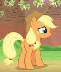 Size: 349x407 | Tagged: safe, screencap, applejack, earth pony, pony, sounds of silence, cropped, female, freckles, mare, plot, solo