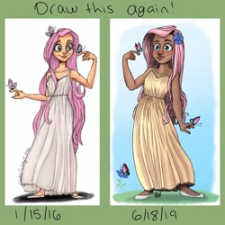 Size: 1080x1080 | Tagged: safe, artist:cookiegalaxy19, fluttershy, human, beautiful, clothes, comparison, draw this again, dress, humanized, moderate dark skin, redraw