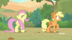 Size: 1920x1080 | Tagged: safe, screencap, applejack, fluttershy, earth pony, pegasus, pony, sounds of silence, duo, eyes closed, female, mare, messy mane, raised hoof, scrunchy face