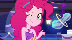 Size: 1920x1080 | Tagged: safe, screencap, pinkie pie, equestria girls, equestria girls series, twilight under the stars, spoiler:eqg series (season 2), bare shoulders, beautiful, breaking the fourth wall, clothes, cute, diapinkes, dress, fourth wall, heart necklace, huggable, one eye closed, sleeveless, smiling, solo, strapless, wink