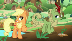 Size: 1920x1080 | Tagged: safe, screencap, applejack, forest fall, earth pony, kirin, pony, sounds of silence, background kirin, cloven hooves, cowboy hat, duo, female, hat, male, mare, raised hoof, sideways glance