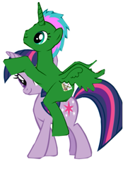 Size: 441x576 | Tagged: safe, edit, twilight sparkle, twilight sparkle (alicorn), oc, oc:dj silverweed, alicorn, pony, unicorn, pony creator, aliasing, alicorn oc, cropped, duo, female, happy, love, low quality, male, mare, ponies riding ponies, riding, shipping, simple background, smiling, stallion, straight, white background