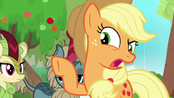 Size: 1280x720 | Tagged: safe, screencap, applejack, sparkling brook, spring glow, earth pony, kirin, pony, sounds of silence, background kirin, female, mare, open mouth, solo focus