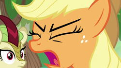 Size: 1280x720 | Tagged: safe, screencap, applejack, spring glow, earth pony, kirin, pony, sounds of silence, angry, eyes closed, female, mare, open mouth, solo focus