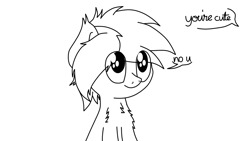 Size: 1366x768 | Tagged: safe, artist:kimjoman, oc, oc only, oc:tiorafa, earth pony, pony, chest fluff, cursive, cute, fluffy, lineart, looking up, male, monochrome, no u, paint tool sai, shoulder fluff, simple background, smiling, solo, text, white background, wip