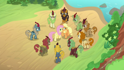 Size: 1280x720 | Tagged: safe, screencap, applejack, autumn afternoon, cinder glow, fern flare, fluttershy, forest fall, maple brown, pumpkin smoke, sparkling brook, spring glow, summer flare, winter flame, earth pony, kirin, pegasus, pony, sounds of silence, applejack's hat, background kirin, cloven hooves, cowboy hat, female, hat, mare, surrounded