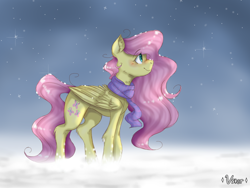 Size: 2048x1536 | Tagged: safe, artist:valiantstar00, fluttershy, pegasus, pony, clothes, ear fluff, female, folded wings, looking at something, mare, profile, scarf, smiling, snow, snowfall, solo, standing, wings, winter, winter outfit