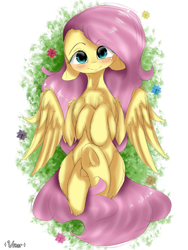 Size: 1800x2400 | Tagged: safe, artist:valiantstar00, fluttershy, pegasus, pony, blushing, chest fluff, female, floppy ears, flower, grass, head tilt, hooves to the chest, looking at you, mare, on back, smiling, solo, spread wings, underhoof, wings