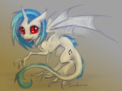 Size: 614x458 | Tagged: safe, artist:turonie, dj pon-3, vinyl scratch, dragon, gargoyle, adoracreepy, claws, creepy, cute, cutie mark, dragoness, dragonified, female, floppy ears, horn, looking at you, missing accessory, one wing out, red eyes, skinny, solo, species swap, traditional art, wings, wrong eye color