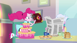 Size: 1920x1080 | Tagged: safe, screencap, pinkie pie, better together, equestria girls, five stars, background human, book, cake, clothes, cupcake, cute, dress, female, food, pancakes, pie, ponytail, server pinkie pie