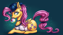 Size: 1920x1080 | Tagged: safe, artist:eternalsubscriber, fluttershy, pegasus, pony, backwards ballcap, baseball cap, bubblegum, cap, cheek fluff, chest fluff, choker, clothes, ear fluff, ear piercing, eyebrow piercing, female, food, gum, hat, mare, piercing, profile, prone, solo