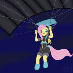 Size: 1000x1000 | Tagged: safe, artist:phallen1, fluttershy, anthro, atg 2019, bunny ears, clothes, costume, dangerous mission outfit, hoodie, newbie artist training grounds, night, parachute, skydiving, solo