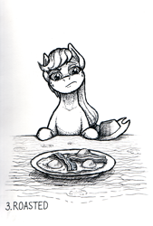 Size: 813x1200 | Tagged: safe, artist:sa1ntmax, applejack, earth pony, pony, bacon, black and white, egg, food, fried egg, frown, grayscale, hat, inktober, meat, monochrome, plate, raised eyebrow, solo, table, traditional art, unamused, unconvinced applejack