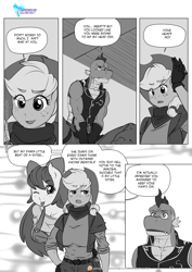 Size: 1200x1697 | Tagged: safe, artist:pia-sama, apple bloom, applejack, spike, anthro, dragon, earth pony, comic:rogue diamond, apple bloomed, breasts, clothes, comic, cowboy hat, female, grayscale, hat, mare, monochrome, older, older apple bloom, older spike, one eye closed, smiling, speech bubble, stetson, sweat, sweatdrop, tongue out, wink