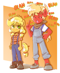 Size: 700x850 | Tagged: safe, artist:thegreatrouge, applejack, big macintosh, anthro, earth pony, plantigrade anthro, blah, blah blah blah, brother and sister, clothes, eyes closed, female, freckles, male, overalls, siblings, suspenders, teenage applejack, teenager, younger