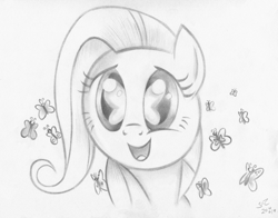 Size: 6216x4872 | Tagged: safe, artist:fladdrarblyg, fluttershy, butterfly, pegasus, pony, amazed, bust, eye reflection, female, filly, filly fluttershy, full face view, monochrome, open mouth, reflection, smiling, so many wonders, solo, traditional art, younger