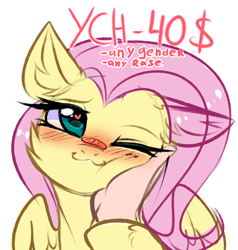 Size: 2696x2836 | Tagged: safe, artist:pesty_skillengton, fluttershy, oc, human, pegasus, pony, ;3, advertisement, blushing, commission, cute, daaaaaaaaaaaw, hand, hand on cheek, heart eyes, human on pony petting, offscreen character, offscreen human, one eye closed, petting, shyabetes, weapons-grade cute, wingding eyes, ych example, your character here