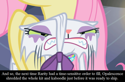 Size: 800x525 | Tagged: safe, edit, edited screencap, screencap, fluttershy, opalescence, pegasus, pony, sweet and elite, angry, bow, caption, implied rarity, text, wet