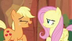 Size: 1280x720 | Tagged: safe, screencap, applejack, fluttershy, earth pony, pegasus, pony, sounds of silence, female, mare