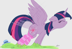 Size: 6000x4096 | Tagged: safe, artist:ncmares, smooze, twilight sparkle, twilight sparkle (alicorn), alicorn, pony, :3, absurd resolution, adorable distress, breaking free, clothes, cute, ear fluff, eyes closed, female, flapping, floppy ears, frown, gray background, hat, mare, nose wrinkle, simple background, socks, spread wings, striped socks, struggling, stuck, white background, wing fluff, wings