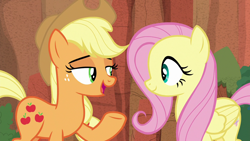 Size: 1280x720 | Tagged: safe, screencap, applejack, fluttershy, earth pony, pegasus, pony, sounds of silence, female, mare