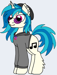 Size: 668x876 | Tagged: safe, artist:rosefang16, dj pon-3, vinyl scratch, pony, unicorn, alternate hairstyle, astralverse, beanie, blue background, clothes, ear piercing, earring, female, gem, hat, hoodie, jewelry, lip piercing, mare, necklace, piercing, simple background, solo, sunglasses