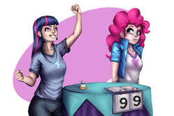 Size: 3000x2000 | Tagged: safe, artist:brother-lionheart, dj pon-3, pinkie pie, twilight sparkle, vinyl scratch, human, a trivial pursuit, equestria girls, abstract background, equestria girls interpretation, human coloration, insanity, scene interpretation, twilight snapple, twilynanas