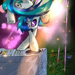 Size: 2000x2000 | Tagged: safe, artist:rumbletree6, dj pon-3, vinyl scratch, pony, unicorn, acrobatics, art trade, awesome, cutie mark, female, grin, mare, mixing console, narrowed eyes, smiling, solo