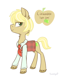 Size: 1024x1308 | Tagged: safe, artist:flourret, oc, oc only, oc:coriander, earth pony, pony, cheek fluff, clothes, ear fluff, freckles, lidded eyes, male, neck fluff, necktie, offspring, parent:applejack, parent:trenderhoof, parents:trenderjack, plaid, profile, simple background, smiling, solo, stallion, standing, sweater vest, unshorn fetlocks, white background