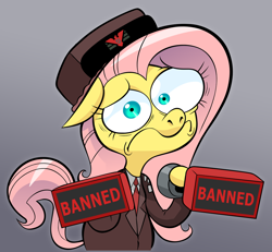 Size: 1106x1024 | Tagged: safe, artist:hotdiggedydemon, edit, editor:luzion, fluttershy, pegasus, pony, absurd resolution, anxiety, anxious, bipedal, clothes, crossover, female, floppy ears, frown, glory to arstotzka, gradient background, gray background, hat, hoof hold, inspector, looking at you, mare, mismatched eyes, necktie, nervous, papers please, parody, simple background, solo, stamp, stamp of approval, uniform, vannamelon, wide eyes