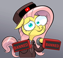 Size: 1106x1024 | Tagged: safe, artist:hotdiggedydemon, edit, editor:luzion, editor:zizzydizzymc, fluttershy, pegasus, pony, anxiety, anxious, banned, bipedal, clothes, crossover, female, floppy ears, frown, glory to arstotzka, gradient background, gray background, hat, hoof hold, inspector, looking at you, mare, mismatched eyes, necktie, nervous, papers please, parody, simple background, solo, stamp, stamp of approval, uniform, vannamelon, wide eyes, youtube