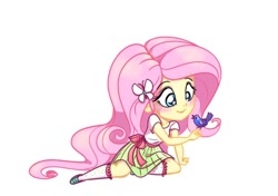 Size: 1044x736 | Tagged: safe, artist:katrina hadley, artist:lunchie, fluttershy, bird, equestria girls, chibi, clothes, cute, female, official fan art, shoes, shyabetes, simple background, skirt, socks, solo, white background