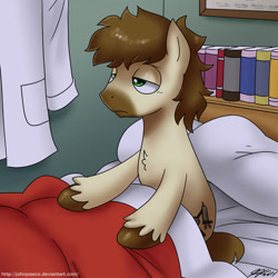 Size: 900x900 | Tagged: safe, artist:johnjoseco, oc, oc only, oc:calpain, bed, calpain, morning ponies, solo