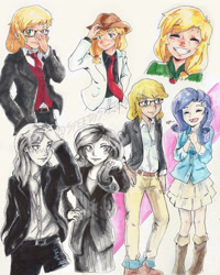 Size: 2400x3000 | Tagged: safe, artist:scootalootheotaku007, applejack, rarity, human, clothes, cute, female, glasses, heart, humanized, lesbian, necktie, rarijack, shipping, smiling, suit