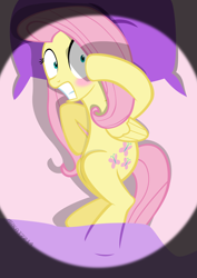 Size: 2480x3508 | Tagged: safe, alternate version, artist:mrkat7214, fluttershy, pegasus, pony, bed, bedsheets, blushing, caught, embarrassed, embarrassed nude exposure, fluttershy sleeps naked, high res, nudity, pillow, show accurate, solo, we don't normally wear clothes