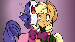 Size: 1024x576 | Tagged: safe, artist:scootalootheotaku007, applejack, rarity, earth pony, pony, unicorn, cute, female, heart, hug, jackabetes, lesbian, raribetes, rarijack, raripunzel, shipping, watermark