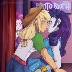 Size: 2000x2000 | Tagged: safe, artist:scootalootheotaku007, applejack, pinkie pie, rarity, better together, equestria girls, rollercoaster of friendship, adorasexy, blushing, cute, female, geode of shielding, heart eyes, imminent kissing, jackabetes, lesbian, looking at each other, photo booth, raribetes, rarijack, sexy, shipper on deck, shipper pie, shipping, voyeurism, wingding eyes