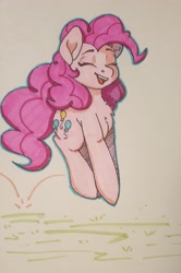 Size: 1757x2647 | Tagged: safe, artist:spoopygander, pinkie pie, pony, bouncing, chest fluff, cutie mark, eyes closed, happy, pronking, smiling, solo, traditional art