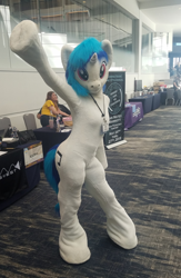 Size: 696x1069 | Tagged: safe, artist:atalonthedeer, dj pon-3, vinyl scratch, human, pony, unicorn, babscon, babscon 2019, fursuit, irl, irl human, photo, ponysuit