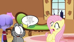 Size: 1024x576 | Tagged: safe, fluttershy, cat, pegasus, pony, fluttershy's cottage, garfield, jelly jamm, nermal, ongo, op is on drugs, shocked, smiling, translated in the comments