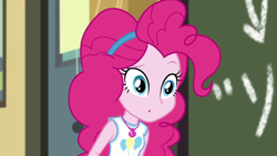 Size: 1280x720 | Tagged: safe, screencap, pinkie pie, better together, equestria girls, schedule swap, chalkboard, classroom, confused, solo