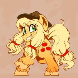 Size: 2026x2026 | Tagged: safe, artist:bookshelph, applejack, earth pony, pony, abstract background, alternate hairstyle, applejack's hat, beanbrows, cloven hooves, cowboy hat, cute, cutie mark, eye clipping through hair, eyebrows, female, freckles, hat, jackabetes, looking at you, mare, pigtails, raised hoof, sidemouth, smiling, solo