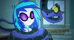 Size: 1222x654 | Tagged: safe, artist:snakeythingy, dj pon-3, vinyl scratch, snake, equestria girls, ..., blank expression, canterlot high, classroom, clothes, coiling, coils, cute, disney, female, glasses, hypno eyes, kaa, kaa eyes, mind control, peril, solo, story included, swirly eyes, text