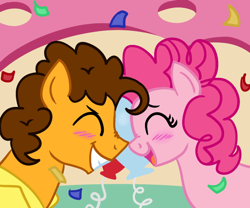 Size: 600x500 | Tagged: safe, artist:melodytheunicorn, cheese sandwich, pinkie pie, earth pony, pony, balloon, blushing, cheesepie, confetti, eyes closed, female, happy, male, mare, open mouth, shipping, smiling, stallion, straight, sugarcube corner